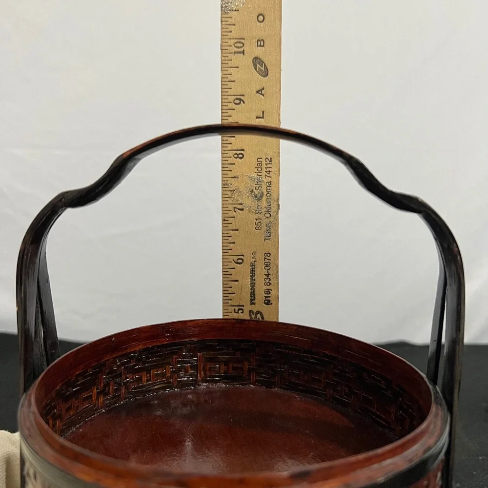 Vintage Chinese Woven Bamboo Wedding Basket Round Lacquered Wood Brass‎ Art 208